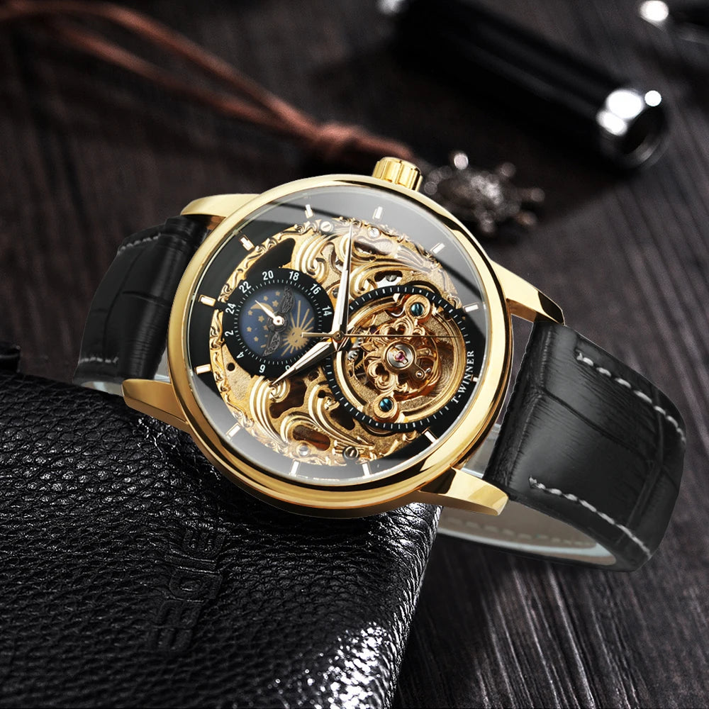 WINNER Classic Retro Automatic Mechanical Watches Luxury Tourbillon Skeleton Mens Watch Moon Phase Genuine Leather Strap Clock