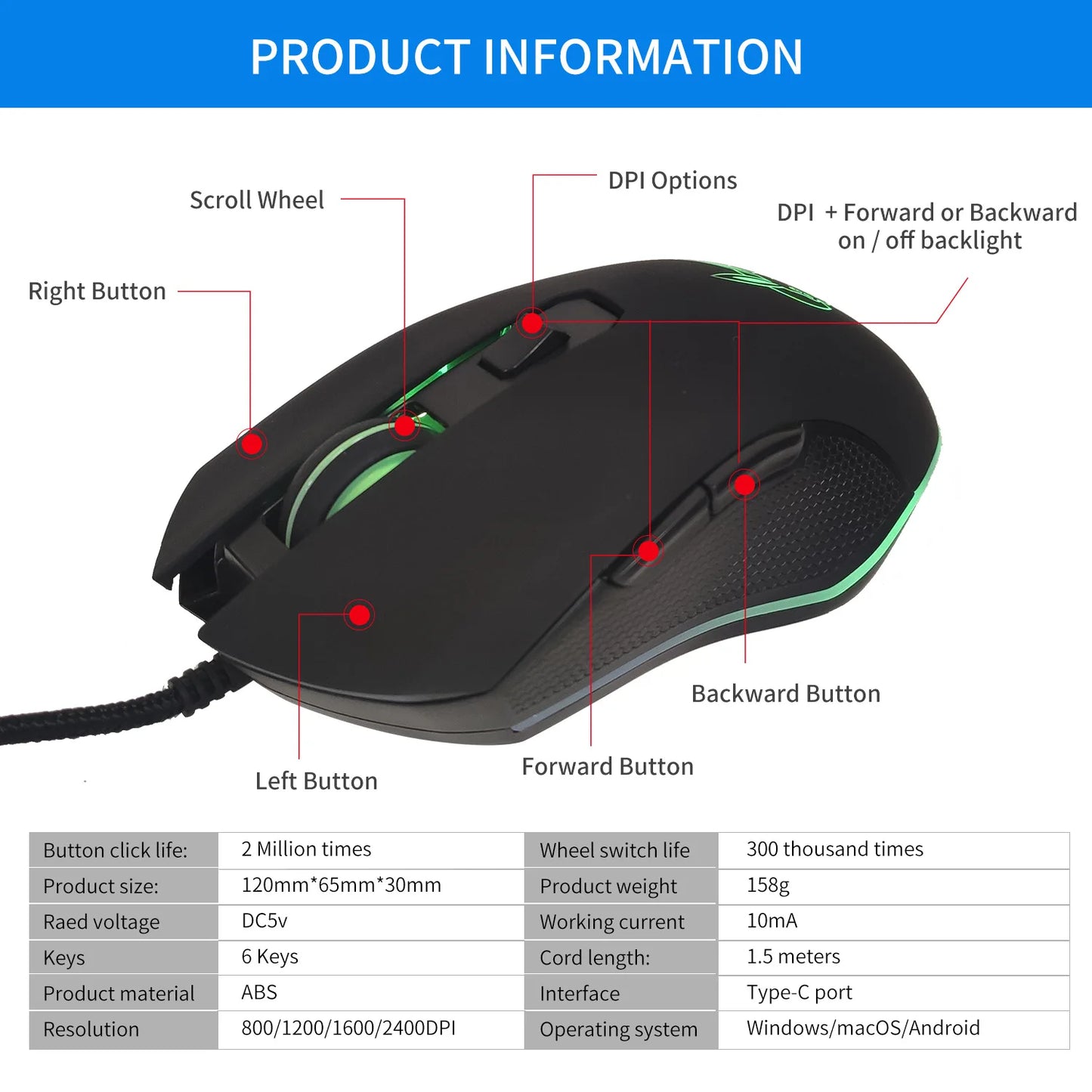 Színes, világító USB-C némítógombos egér Type-C notebookhoz – gamer egér