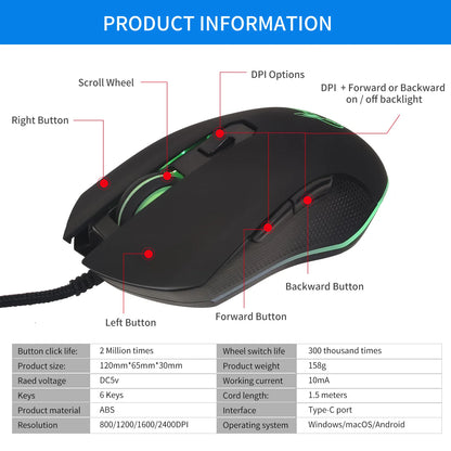 Színes, világító USB-C némítógombos egér Type-C notebookhoz – gamer egér