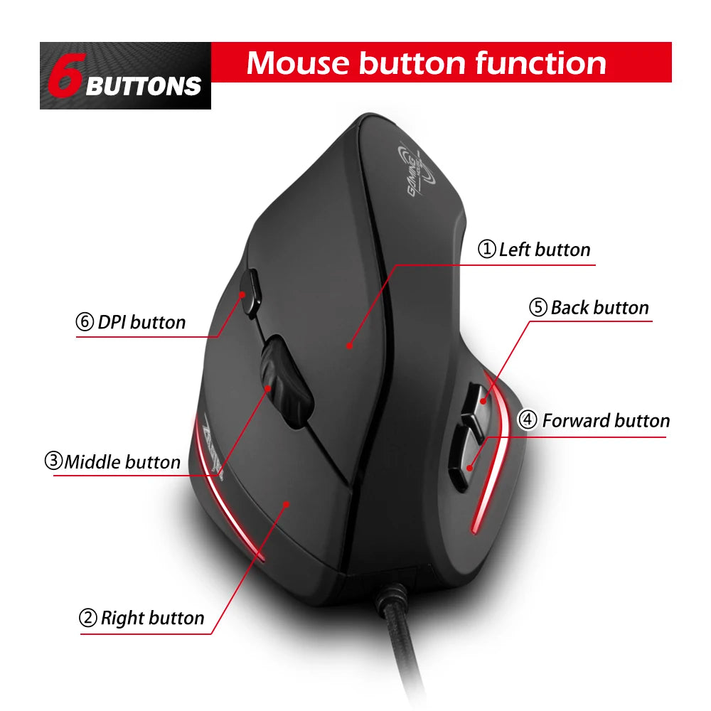 ZELOTES T-20 Mouse Wired Vertical Mouse Ergonomic Rechargeable 3200DPI Optional Portable Gaming Mouse for Mac Laptop PC Computer
