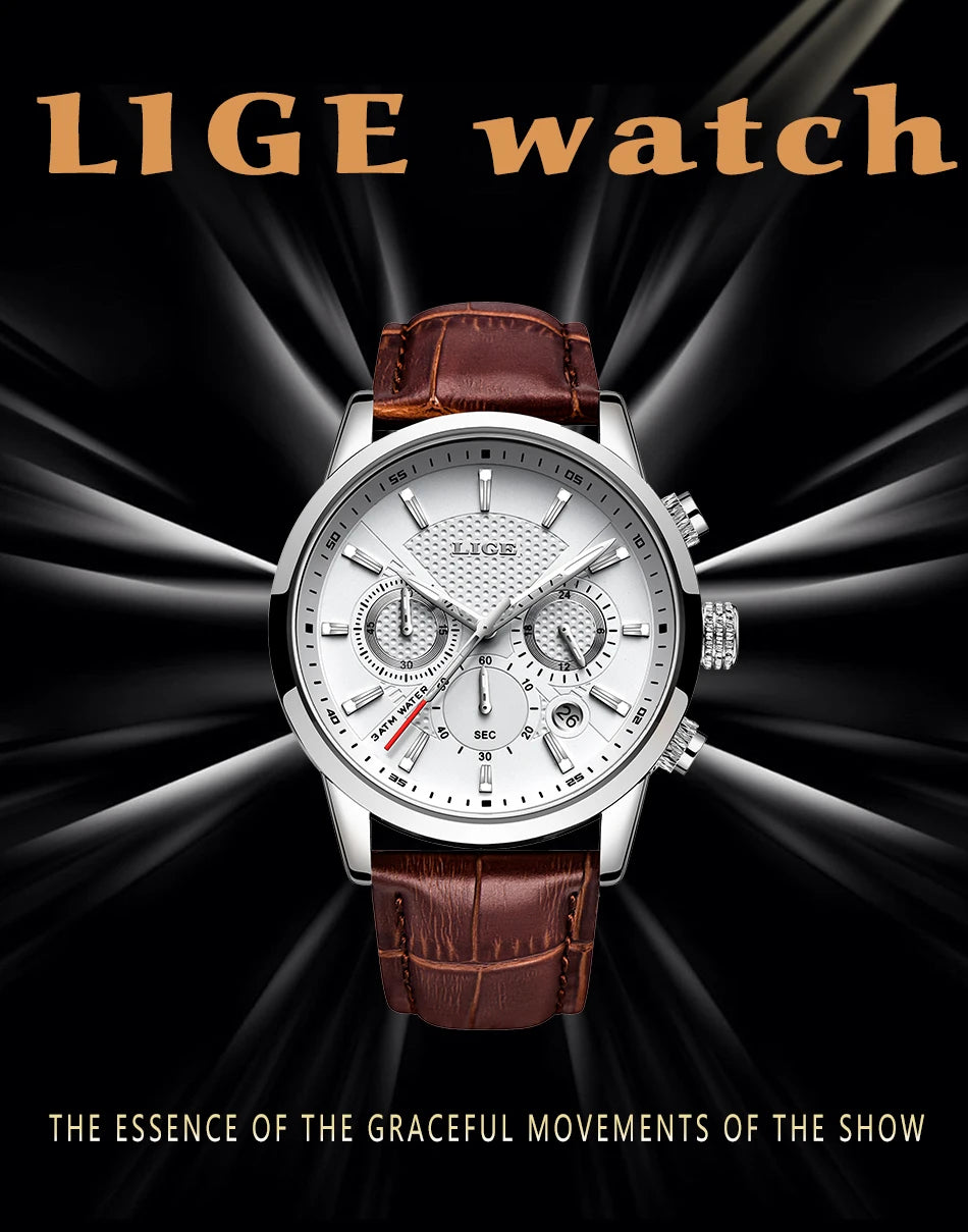 2025 New Mens Watches LIGE Top Brand Luxury Leather Casual Quartz Watch Men's Sport Waterproof Clock Watch Relogio Masculino+Box