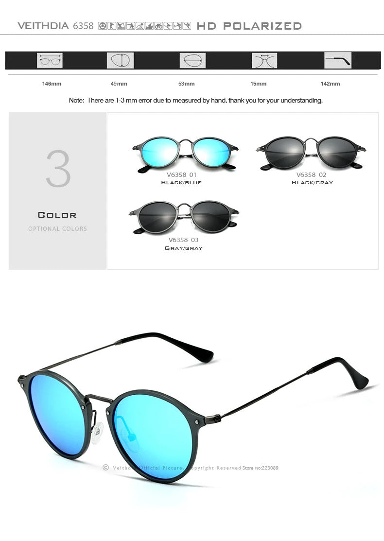 VEITHDIA Men Sunglasses Fashion Round Unisex Sun Glasses Polarized Coating Mirror Sports Driving Male Eyewear For Women 6358