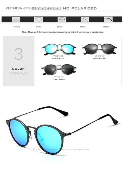 VEITHDIA Men Sunglasses Fashion Round Unisex Sun Glasses Polarized Coating Mirror Sports Driving Male Eyewear For Women 6358