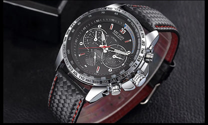MEGIR analoog quartz-polshorloge voor heren – Waterdicht luxehorloge met leren band, casual stijl, model 1010 (zwart)