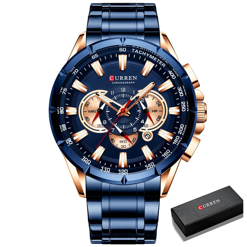 CURREN Business Herren-Armbanduhr, Luxusmarke, Edelstahl-Armbanduhr, Chronograph, Army Military Quarzuhren
