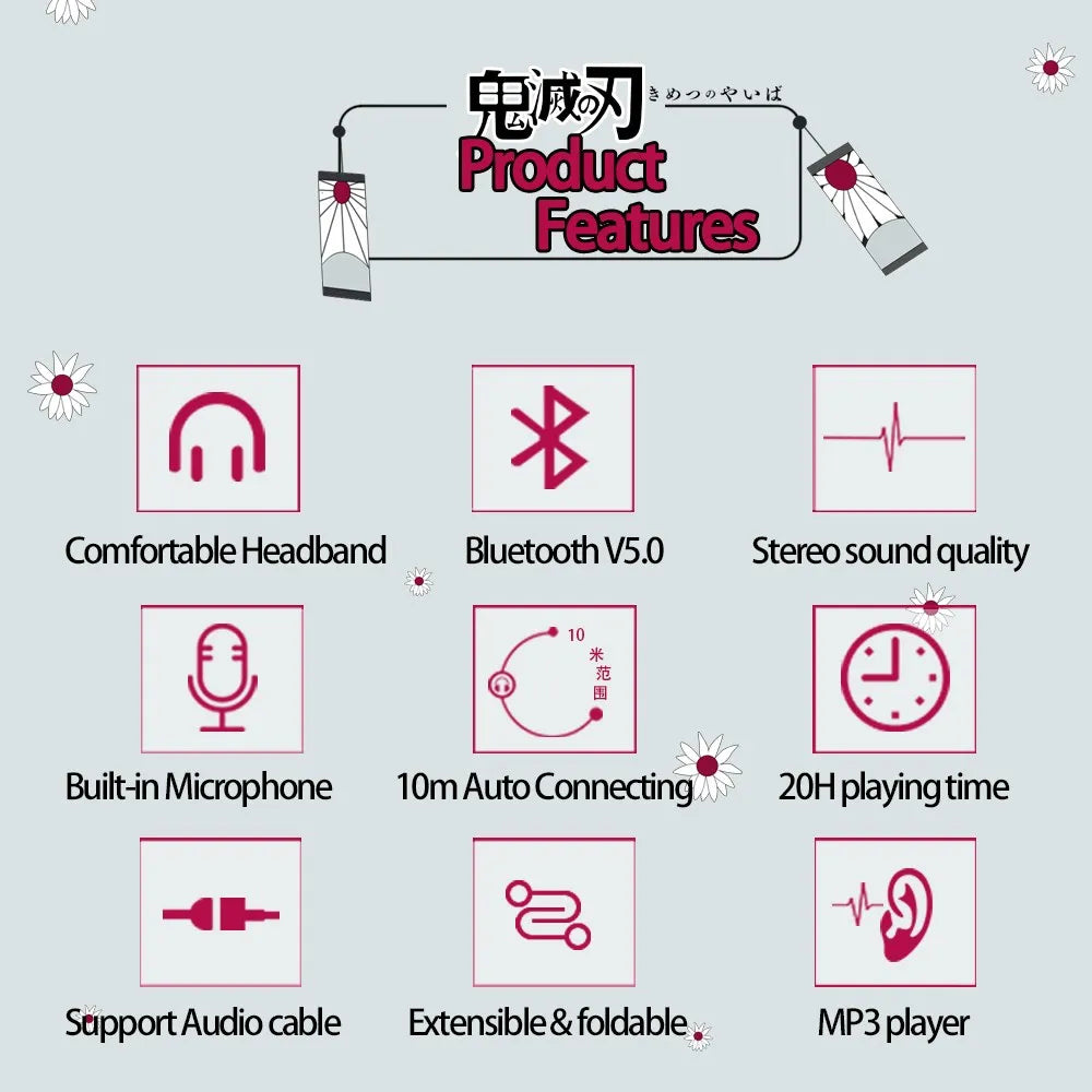 Japan Anime Headphone Demon Slayer Kimetsu No Yaiba Kamado Tanjirou Cosplay Bluetooth Headset Earphone with Mic Support TF Card