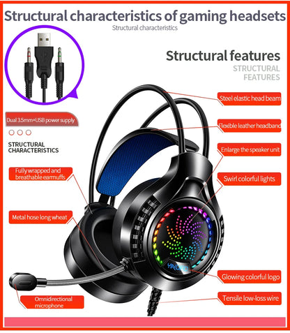 RGB Gaming Headset with Microphone 7.1 Surround HD Sound Stereo Dual 3.5mm USB  Wired Headphone For PS5 PC Laptop Phone