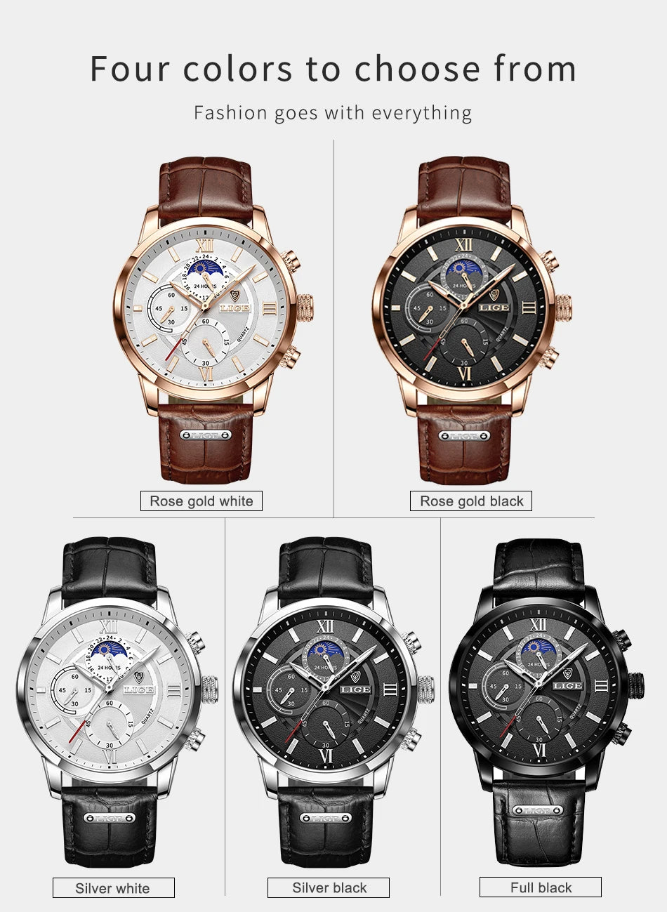 2025 New Mens Watches LIGE Top Brand Luxury Leather Casual Quartz Watch Men's Sport Waterproof Clock Watch Relogio Masculino+Box