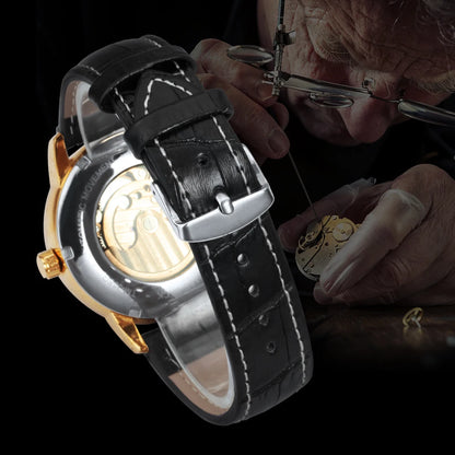 WINNER Classic Retro Automatic Mechanical Watches Luxury Tourbillon Skeleton Mens Watch Moon Phase Genuine Leather Strap Clock