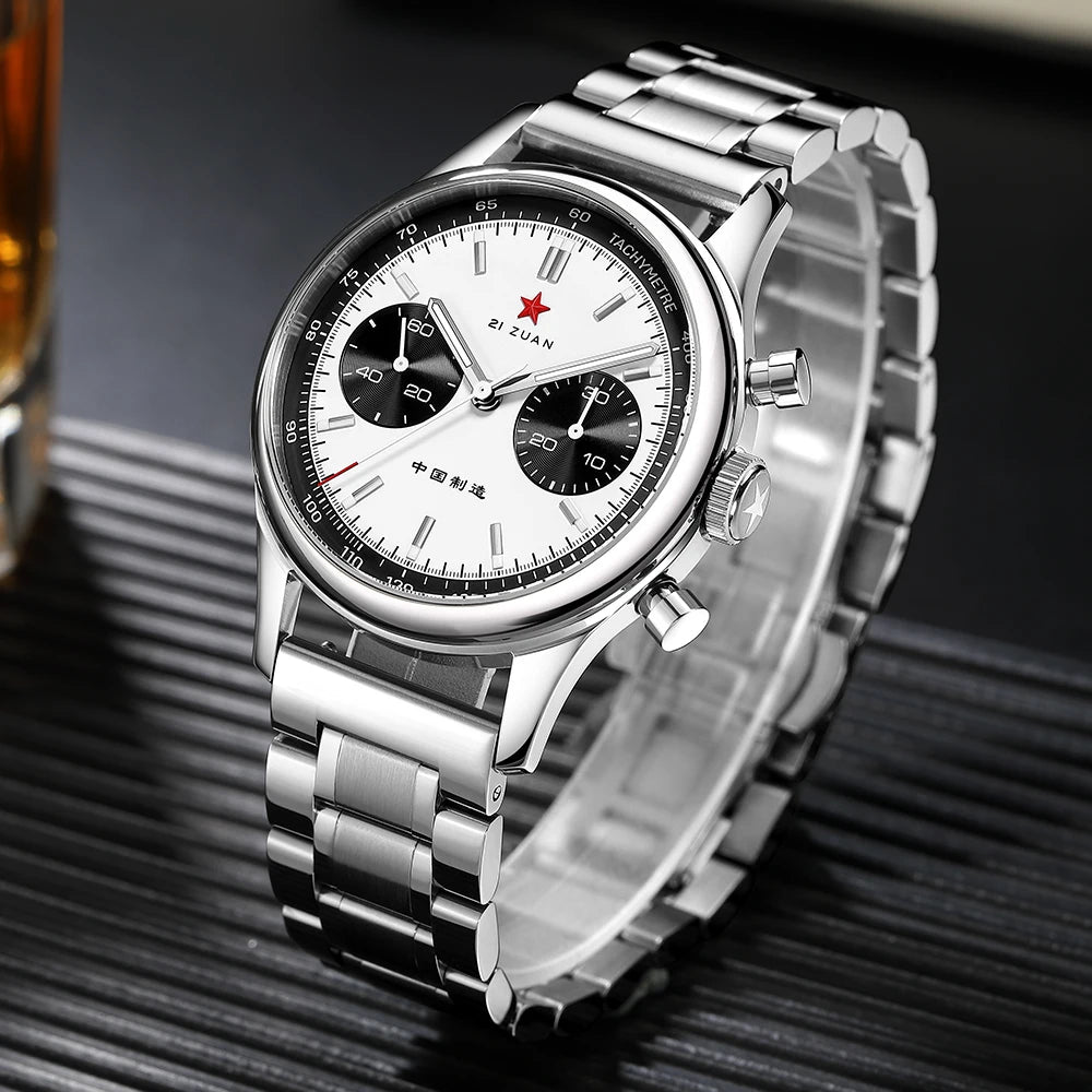 Red Star Panda Mens 1963 Chronograph Mechanical Wristwatch Seagull st1901 Movement Gooseneck 40mm Luminous Sapphire Pilot Watch