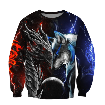Červeno-modrá 3D mikina s potlačou draka a vlka pre mužov na jeseň, unisex streetwear, ležérna mikina so zipsom alebo pulóver KJ494