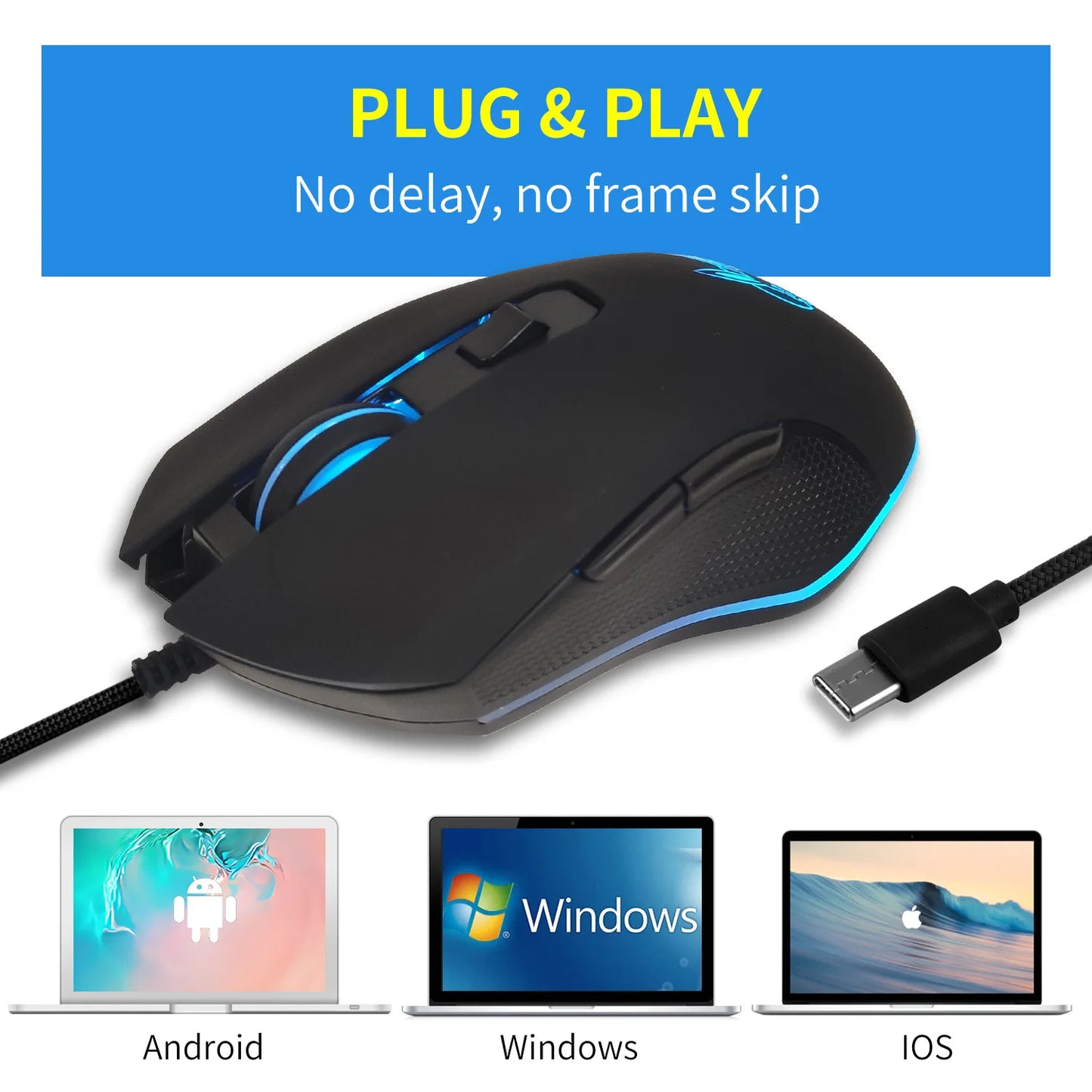 Színes, világító USB-C némítógombos egér Type-C notebookhoz – gamer egér