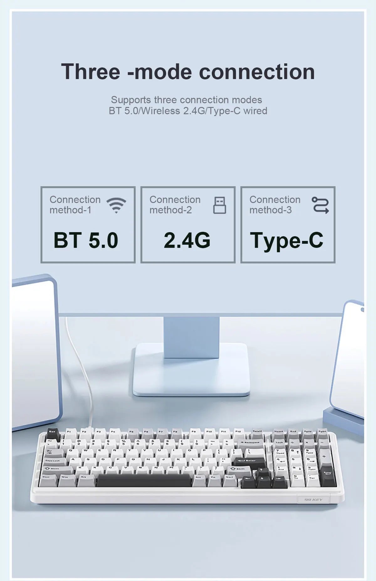AULA F99 Machanical Keyboard Bluetooth 5.0/2.4G Wireless/Wired Gasket-mounted Gaming Keyboard 99 Keys Customizable Keyboards