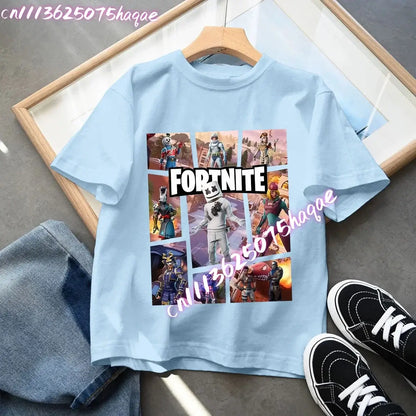 Fortnites Kids Blue Cotton T-Shirt Fortress Night Baby Short Sleeve Tees Shirt Cartoon Boy Girl Summer Clothes Kawaii Tops Gift