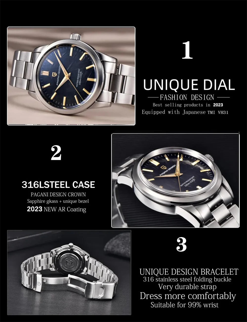 PAGANI DESIGN 40MM Meteorit-Zifferblatt Herren-Quarzuhr Luxus Business Saphir 316L Edelstahl 100M wasserdichte Uhr für Herren