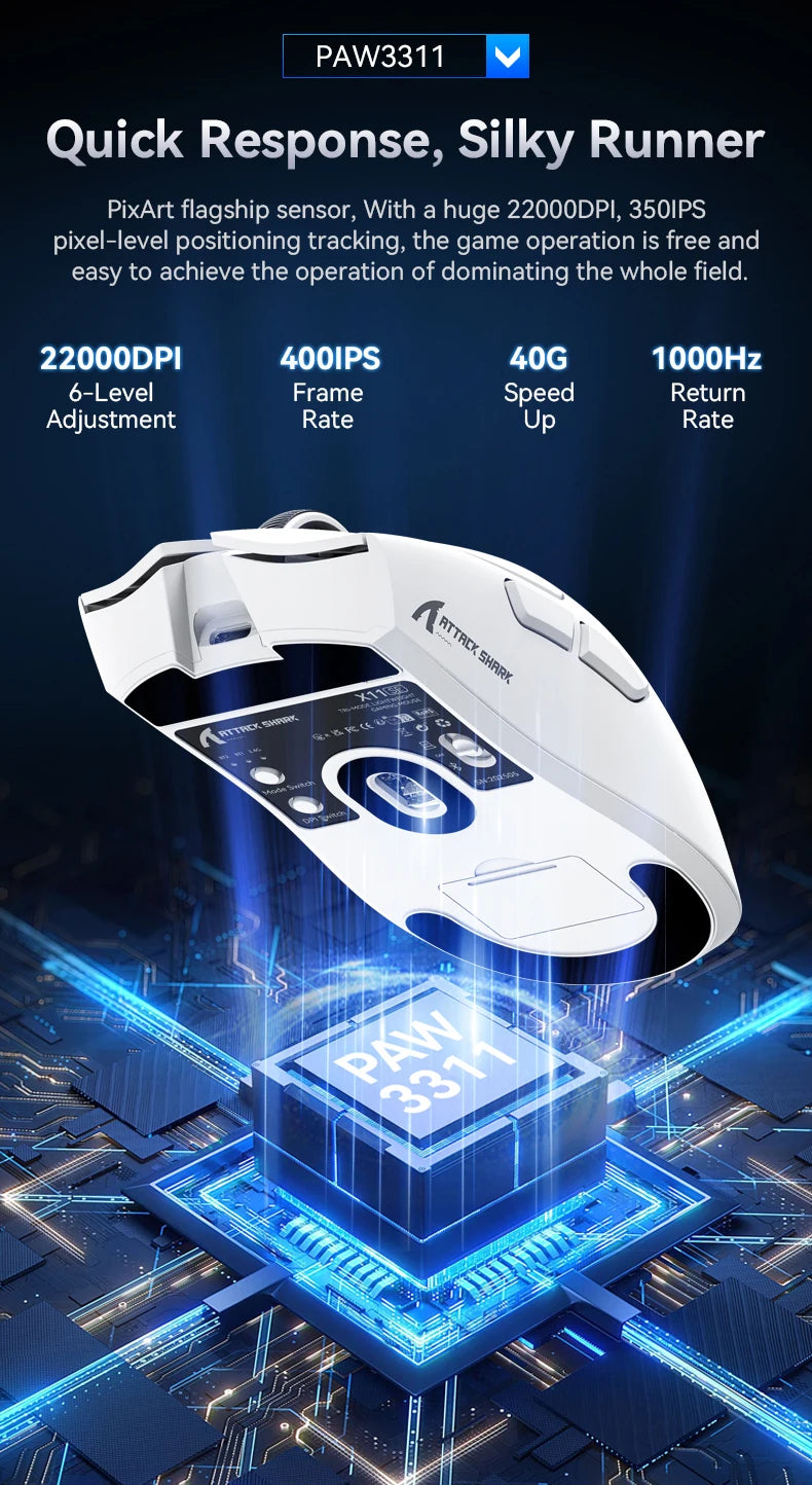 ATTACK SHARK X11SE Wireless Gaming Mouse, Tri-Mode, 63g Superlight With PAW3311 Sensor, 22000 DPI, 300mAh Battery, Dual Driver