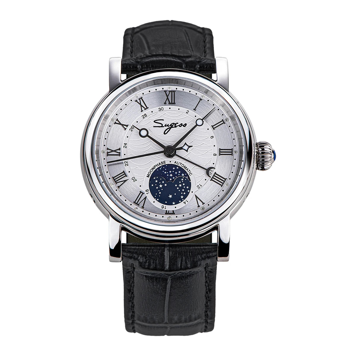 Sugess Watches for Men Automatic Mechanical Watch Moonphase Tianjin ST2108 Waterproof Date Hands Sapphire Crystal Rome Wave Dial