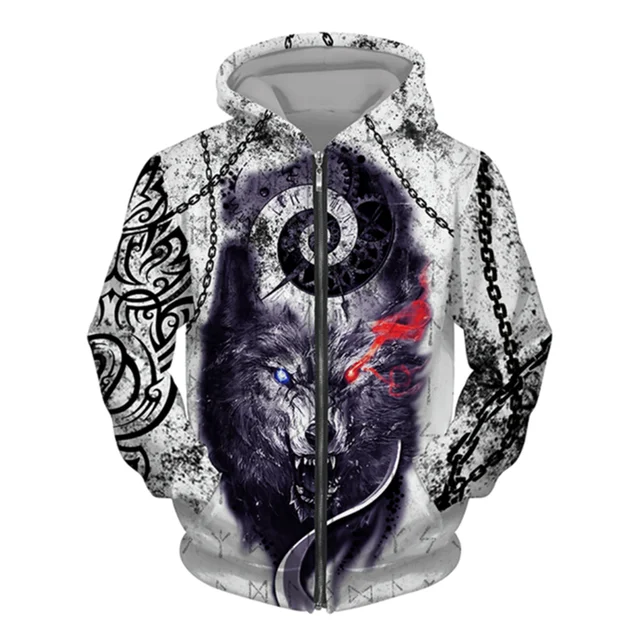 3D Wolf Print Men Zipper Hoodies Fashion Animal Pattern Top Coat Street Punk Style Oversized Sweatshirts Outdoor Leisure Jackets
