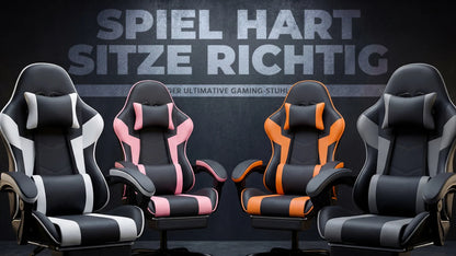 Ergonomic PU leather gaming chair with lumbar support, adjustable height and backrest, 200KG load capacity, black orange