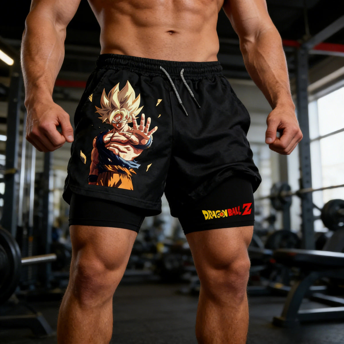 2026 Summer Dragon Ball Goku Super Saiyan Retro Gym Men's Double Layer 2-in-1 Shorts Oversized Print Fitness Workout Streetwear
