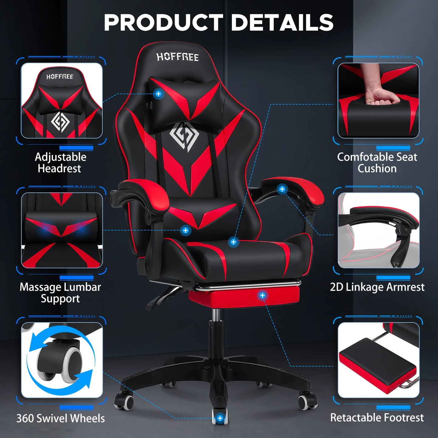 Gaming Chair with Massage Ergonomic Computer Chair Footrest and Lumbar Support Reclining PC Game Chair Adjust Armrest Headrest