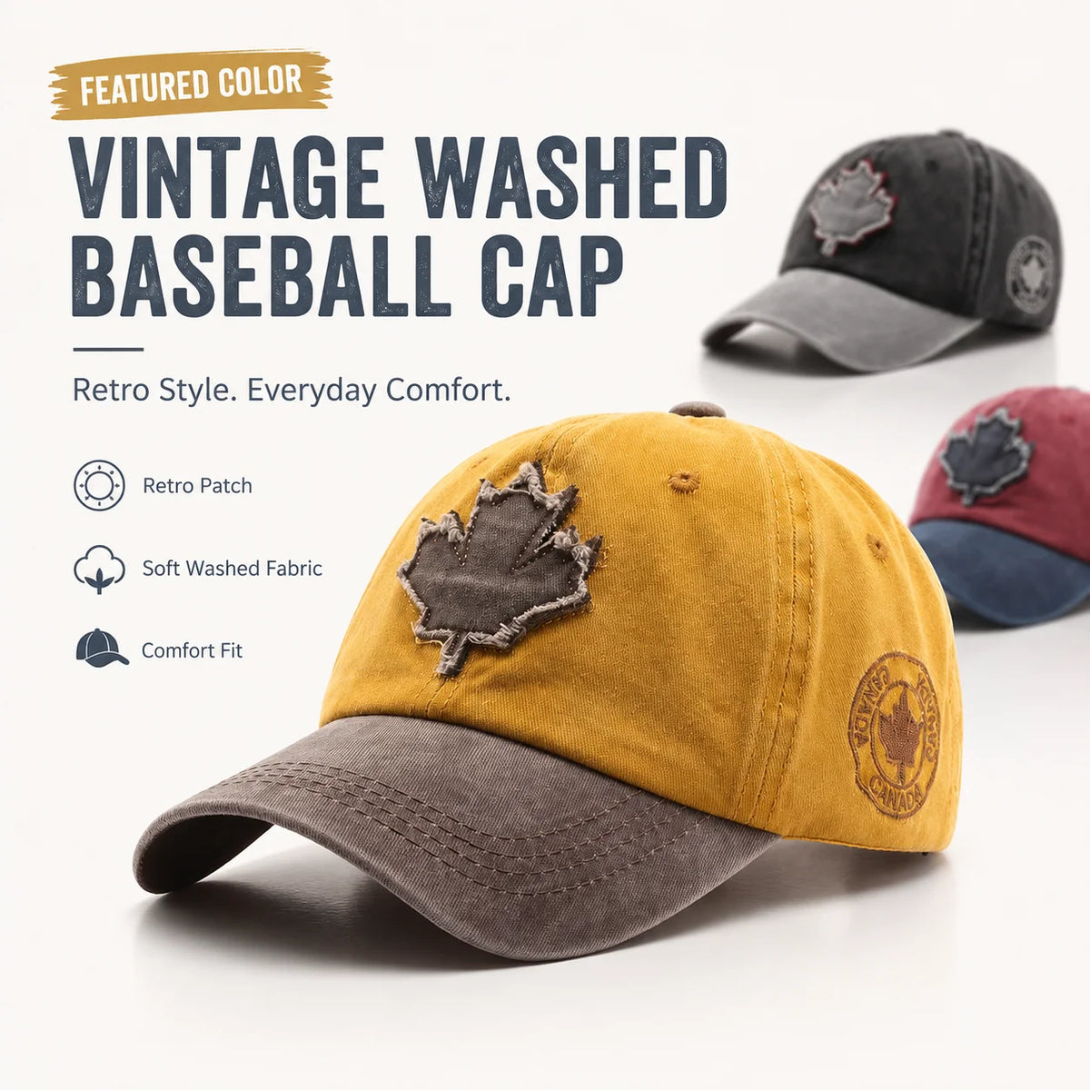 Casual Washed Denim Look Maple Leaf Patch Cap Adjustable Two Tone Outdoor Sport Baseball Hat for Daily Wear