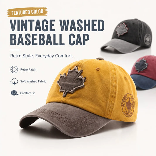 Casual Washed Denim Look Maple Leaf Patch Cap Adjustable Two Tone Outdoor Sport Baseball Hat for Daily Wear