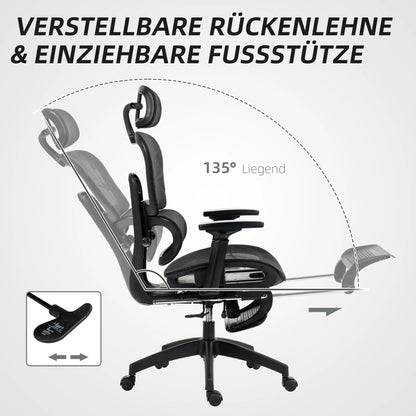 Ergonomic Office Chair with Armrest, Headrest, Lumbar Support, Adjustable Height, and Footrest.