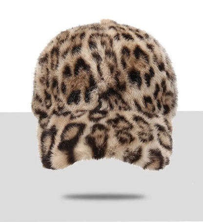 Casquette de baseball imprimé léopard pour femme, en fausse fourrure douillette, chaude pour l'hiver, casquette vintage d'extérieur à visière rabattable pour femme