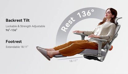 NEWTRAL NT002 Ergonomic Chair, Adaptive Lower Back Support, Adjustable Armrest Headrest Footrest, Gray, Cushioned 4D Armrest