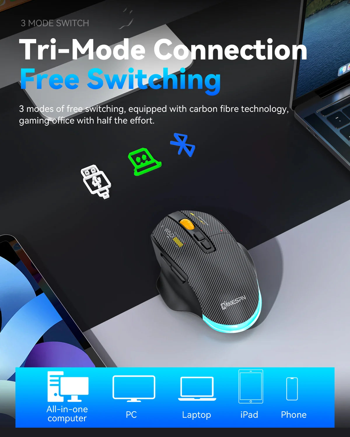 Bluetooth Wireless Gaming Mouse, 12800 DPI Wired/Wireless RGB Mouse with 7 Programmable Buttons,for PC Laptop,Gaming