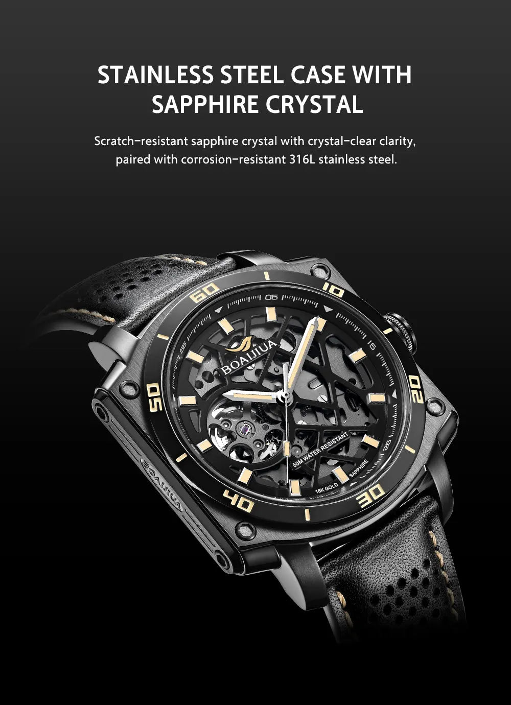 BORIAGE(BOAIJIUA) Men's Fully Automatic Mechanical Watch Original Design Cut out 50m Water Resistant Luminous Wristwatch
