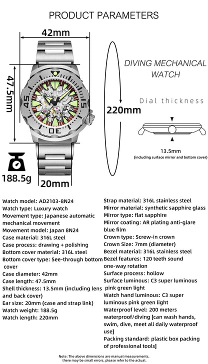 ADDIESDIVE  Luxury Automatic Watches for Men Sapphire 8N24 Stainless Steel Skeleton Luminous 20Bar Waterproof Gift Box Watch