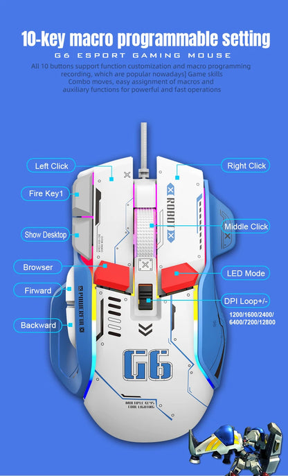 High-end Programmable Gaming Mouse Wired 12800dpi 12 keys RGB Game Mice for Windows IOS  Home Office Laptop PC
