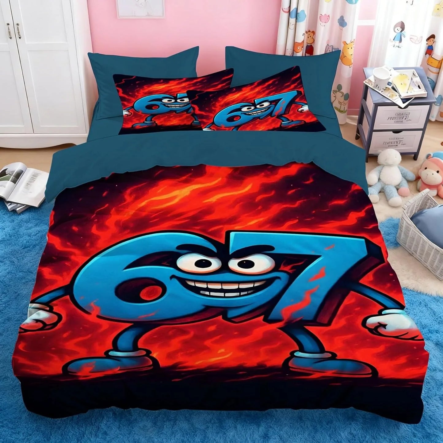 Set de lenjerie de pat Cartoon Print Six Seven 67, 2/3 piese, husă de pilotă și față de pernă pentru acasă, adolescenți și adulți, cadou pentru băieți și fete