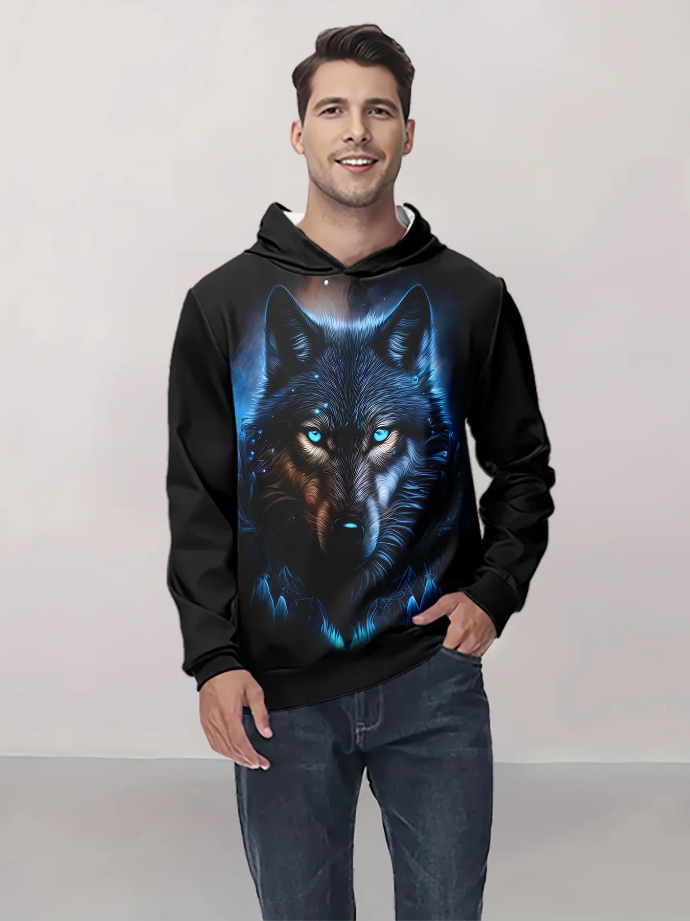 European and American men's autumn fashion wolf print soft and comfortable hooded sweatshirt outdoor urban high street clothing