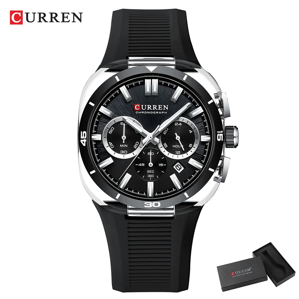 Ceas pentru bărbați CURREN – Nou model de lux cu mecanism cu cuarț, brățară din silicon, stil sportiv, multifuncțional, rezistent la apă, luminat, cu afișaj al datei și cronometru.