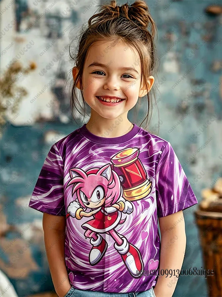 Cartoon Sonic Print Cosplay T-shirt For Adult/Kids Summer Boys Girls Cute Tshirts Casual Round Neck Street Clothing Sonic Tshirt
