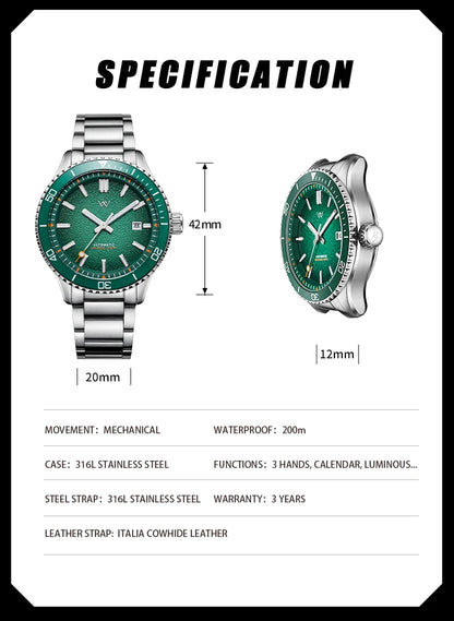 WM Watch Automatic Mechanical Dive Watch Man MIYOTA 8215 Waterproof Stainless Steel Sapphire Welly Merck Diving Watches WM046