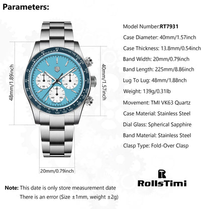RollsTimi 2025 New Men's Watches Top Luxury Man Quartz Wristwatches Chronograph AR Sapphire Mirror Waterproof Sports Clock Gift