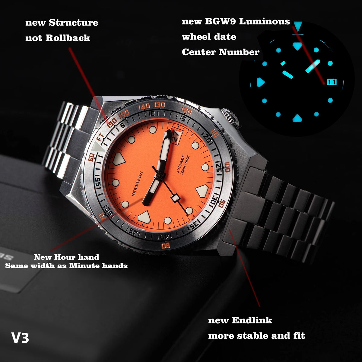 SEESTERN SUB600T V3 Men's Watch Automatic Diving Sapphire Wristwatch NH35 Movement Ceramic Bezel Luminous Date Jubilee Waterproof