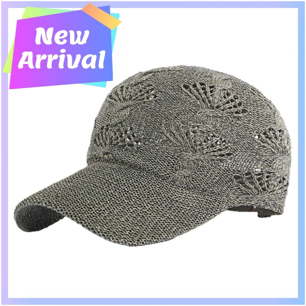 Summer Glossy Openwork Knit Baseball Cap for Women,Outdoor Sun Protection Hat Breathable Flattering Versatile