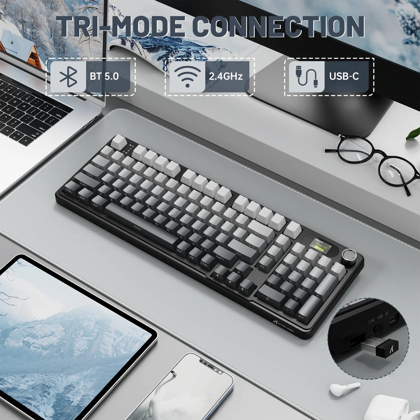 ATTACK SHARK X98PRO Tri-mode Gasket Mechanical Keyboard with TFT Screen & Knob, 99Keys Layout, 5-Layer Foams, Hot-Swap, RGB