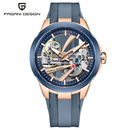 Herrklocka från PAGANI DESIGN – Mekanisk automatisk lyxmodell av typen ”skelett” (öppen mekanism), utrustad med en tourbillon, safirglas med antireflexbehandling, vattentät och självlysande.