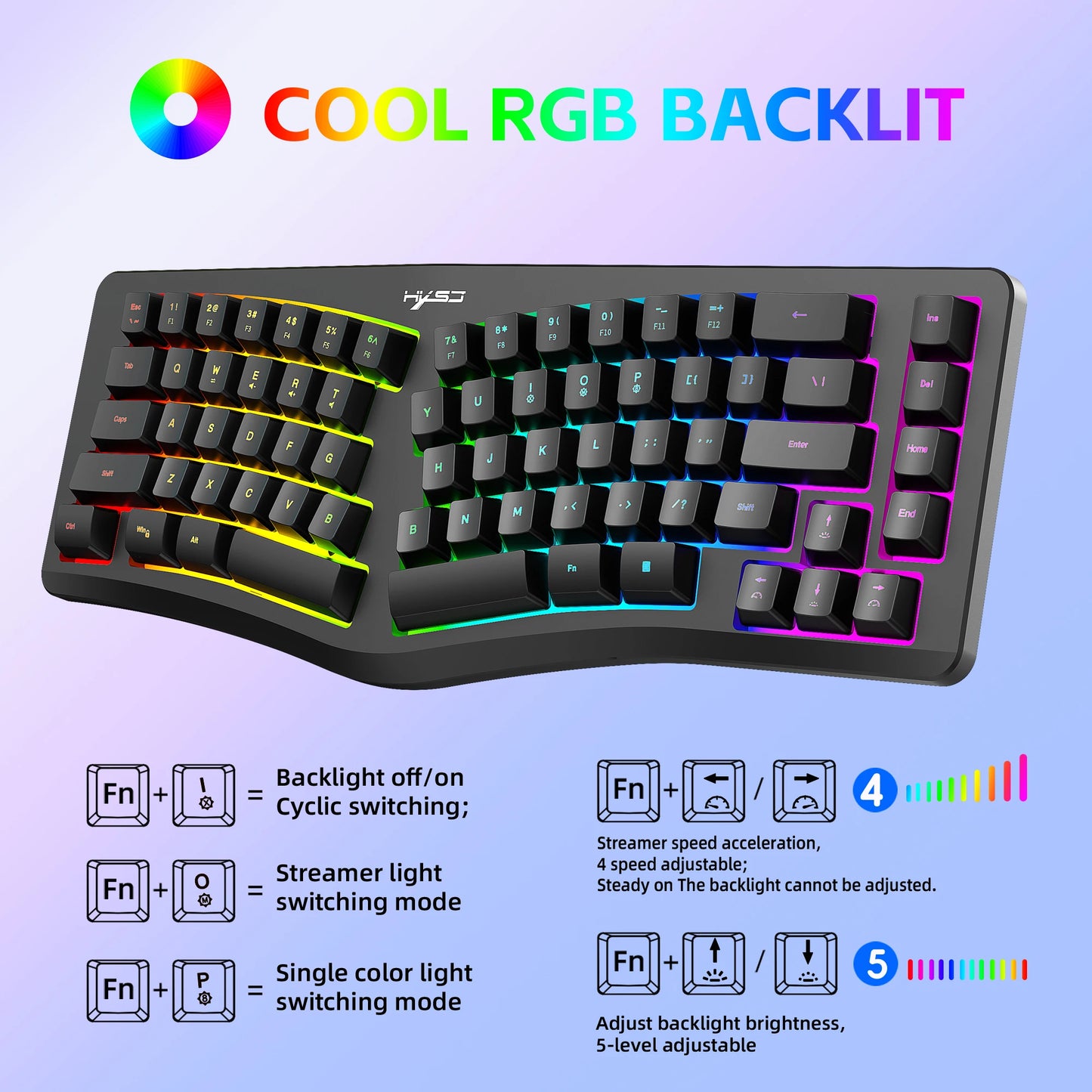 69 Key Wired Ergonomic Gaming Keyboard Keyboard Silent Irregular RGB Backlit Keyboard for Windows Linux Home Office Game PC