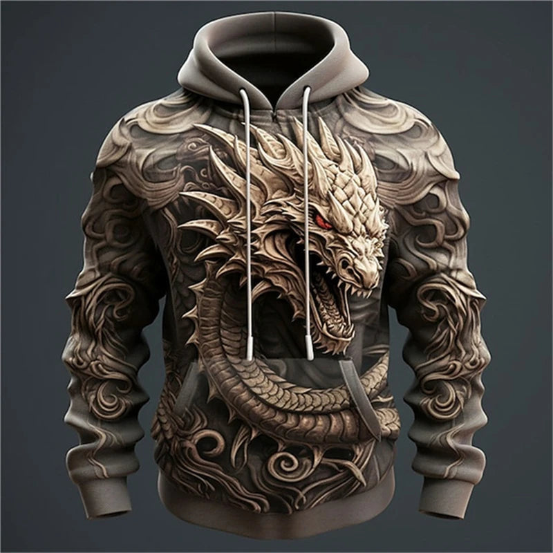 Hoodie de homem com estampado de dragão chinês, padrão de dragão 3D, nova sweatshirt oversized estilo hip hop Harajuku