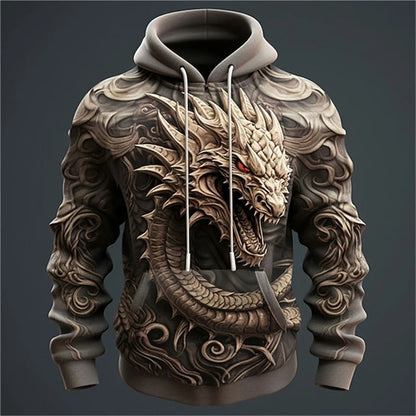 Hoodie de homem com estampado de dragão chinês, padrão de dragão 3D, nova sweatshirt oversized estilo hip hop Harajuku