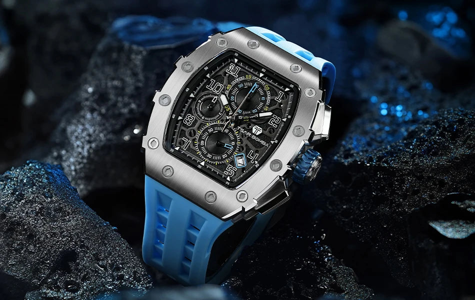 TSAR BOMBA Watch for Men Luxury Brand Tonneau Design Waterproof Clock Stainless Steel Wristwatch Fashion Rectangle Mens Watch