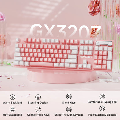 EWEADN Wired Pink White Keyboard, Full-Size Numpad, Quiet Keys, RGB Backlit Cute Design for Laptop/PC, Ideal for Work & Gaming