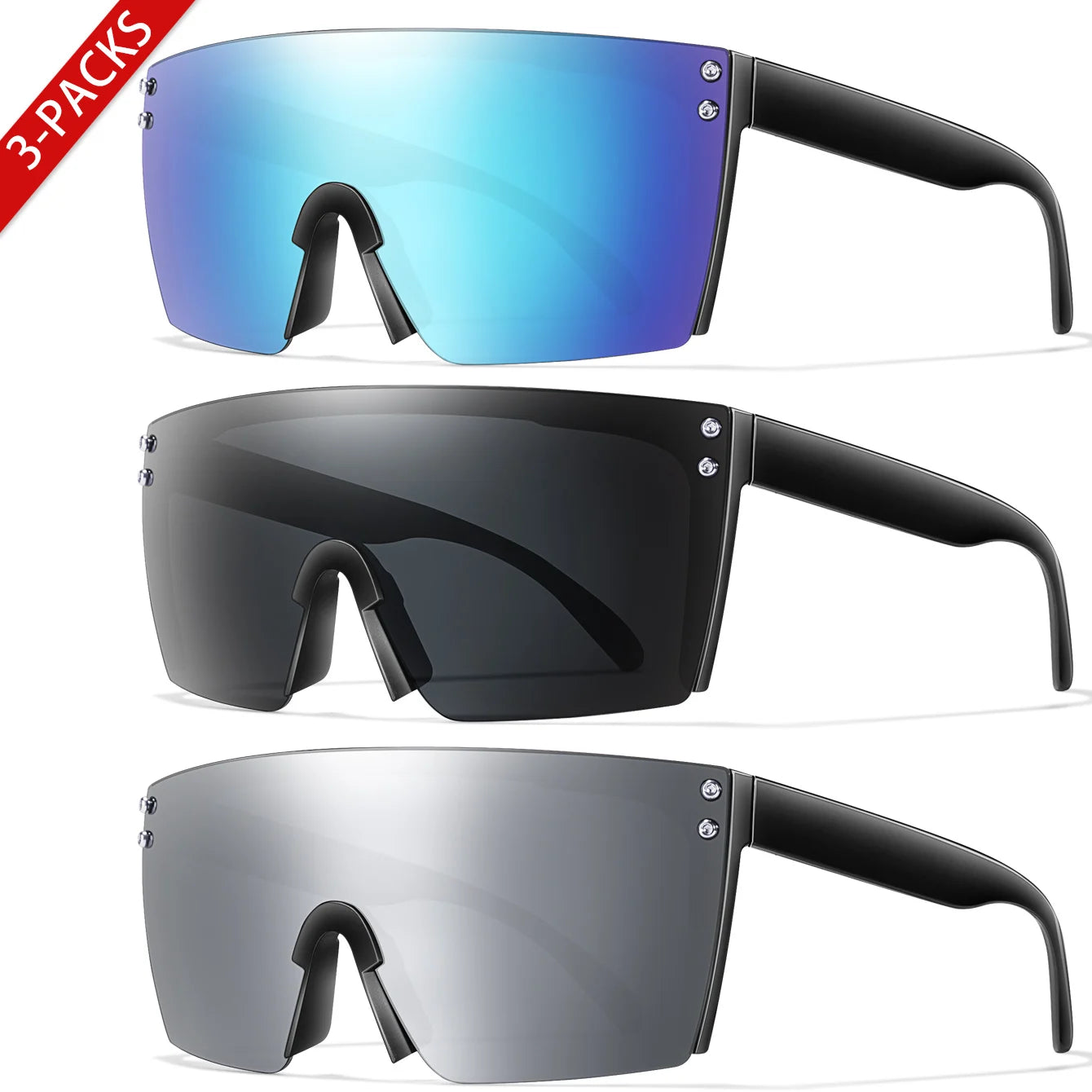 3 Pairs Fishing Sunglasses Men and Women Square Oversize Windproof Shades with UV Protection for Outdoor Cycling Hiking